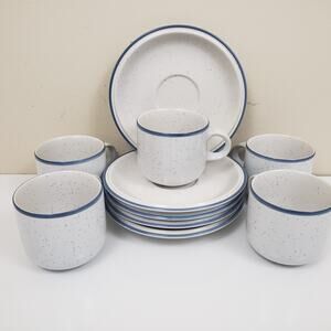 (S5) Vintage Thomas Family Blue Germany Porcelain Tea Cups & Saucers Set of 5